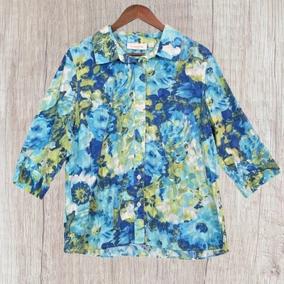 Camisa Breckenridge Floral Botón 2X Azul Verde Resort Costero Boho Vacaciones Top Foto 1 de 4