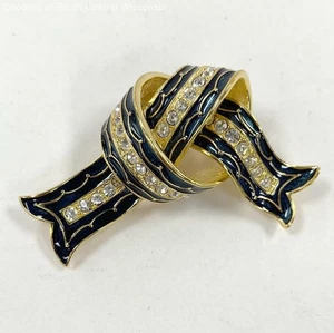 Joan Rivers Gold-tone Vntg Dark Blue Enameled Knot Ribbon Brooch w/ Rhinestones - Picture 1 of 3