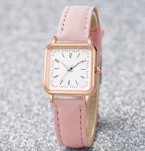 Ladies Womens Square Leather Strap Watch Pink Strap Casual Gold Coloured - Picture 1 of 3