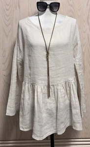 Vanessa Zani Leinen Bluse Shirt Langarm Rüschen Beige Lagenlook Oberteil. Gr. S . - Bild 1 von 12