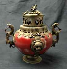 Old China tibet silver handwork monkey lid incense burner red