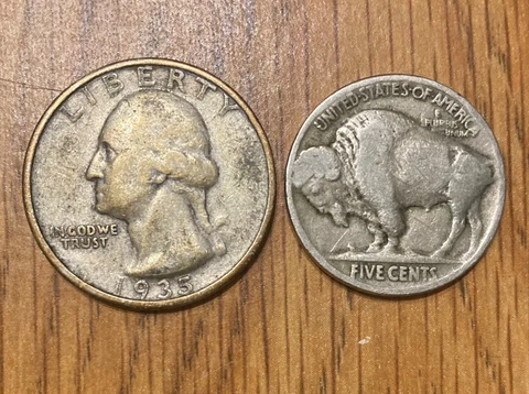 1935 Washington Quarter (90% silver) and 1923 Buffalo Nickel Cover