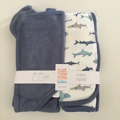 NEW Carters Baby Bath Towel Hooded and Second Towel Blue White Shark Theme - Image 1 of 4
