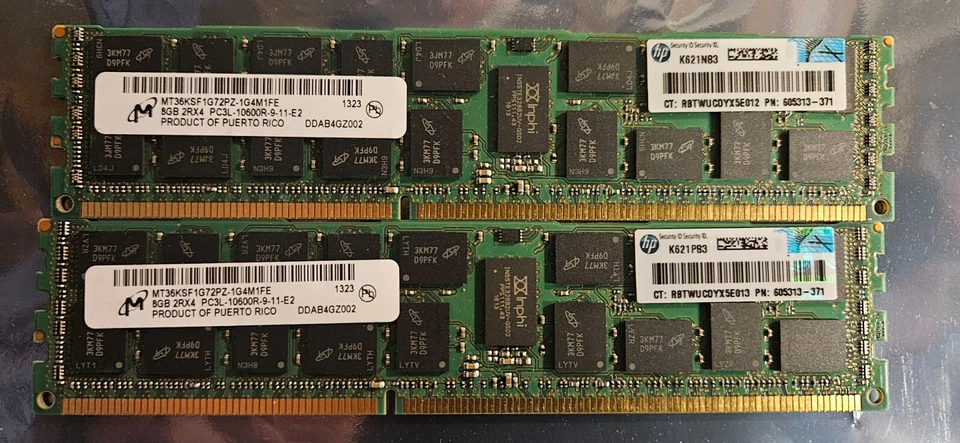 HP HPE AT109A - HP 16GB (2 x 8GB)   RX2800 i4 - 2 X 605313-371 8gb Modules - Image 1 of 1