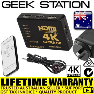 5 Way 4K Ultra HD HDMI Switch Splitter HDTV 5 Ports OUT 1 IN Remote Control - Image 1 of 4