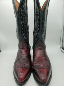 J.CHISHOLM MEN'S COWBOY BOOTS BURGANDY BLACK LEATHER SIZE 8.5 EE MADE USA - Picture 1 of 10