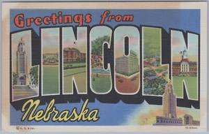 Greetings from Lincoln NE, Large Letter 1937 Linen Postcard - Picture 1 of 2