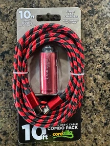 Cordzilla 10ft to USB-C Sync & Car Charge Cable Data Transfer Red & Black New - Photo 1 sur 2