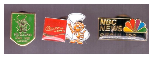 Seoul 1988 Olympics pins: Hodori; Coca-Cola; NBC News