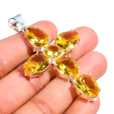 AAA+ Citrine Gemstone Handmade 925 Sterling Silver Cross Pear Cut Pendant - Image 1 of 3