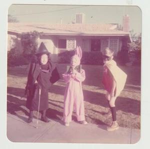 VINTAGE SNAPSHOT: KIDS IN WITCH, BUNNY, ROBIN HALLOWEEN COSTUMES - Picture 1 of 1