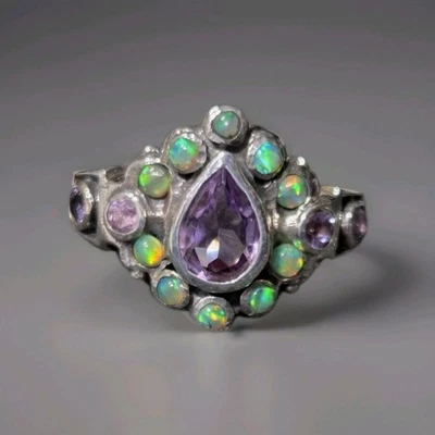 Natural Amethyst & Opal 925 Sterling Silver Vintage Style Ring Size 7 2020 - Image 1 of 4
