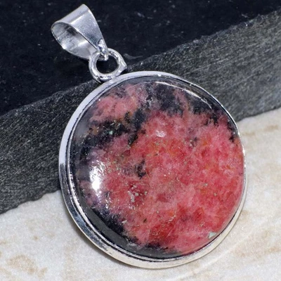 Rhodonite 925 Silver Plated Pendant 1.6" Round Shape Party Wear Design JW - Image 1 of 3