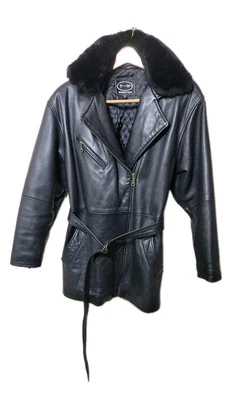 Tannery West Biker Jacket Women's Medium Black Leather Faux Fur Collared Belted  - Image 1 of 4