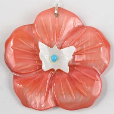 Sterling Coral & Mother of Pearl Flower Butterfly Turquoise Pendant w/ 18" Chain - Image 1 of 4