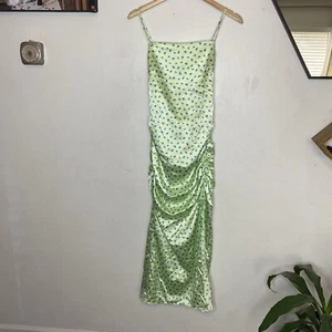 New Zara Ruched Satin Green Floral MIDI Dress Fairy Fairycore Women’s Medium - Picture 1 of 10