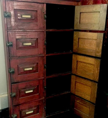 Primitive Farmhouse Cabinet,19th Century Red Painted Library, Antique Apothecary Cover
