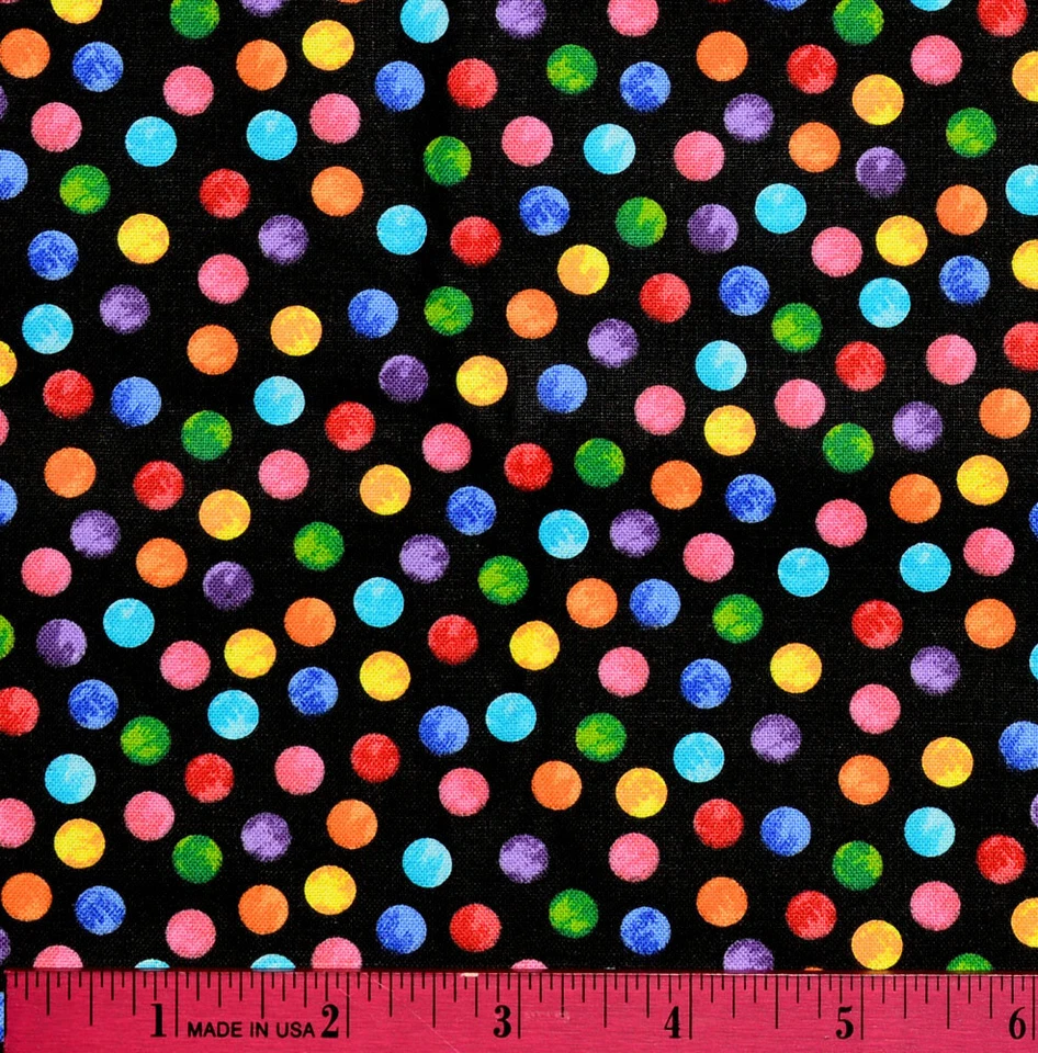 Tela de lunares arco iris - MEDIA YARDA acolchado 100 % algodón negro manchas multicolores Foto 1 de 1