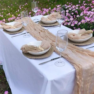 Beige Cheesecloth Table Runner 10 Ft +6 Napkins +6 Wood Bead Napkin Rings Bei... - Picture 1 of 5