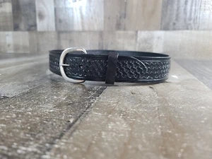 BLACK Leather Belt Basket Weave Silver Buckle Hand Tooled SIZE 30"  MADE IN MEX - Picture 1 of 5