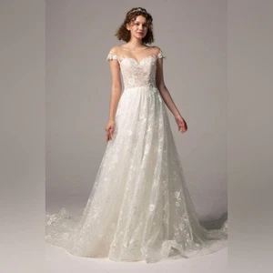 Cocomelody Maeve A Line Court Train Lace Knitted Fabric Wedding Dress Size 24 - Picture 1 of 14