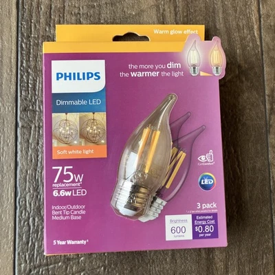 Philips 3pk 75W BA11 LED Bent Tip Filament Bulb E26 Base 2700K Dimmable - Image 1 of 4