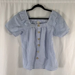 crewcuts Blouse Girls 16 White Blue Striped Smocked Square Neck Short Sleeve - Picture 1 of 7