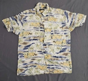 Camicia hawaiana icona seta uomo L blu con bottoni anni 90 100% seta 95743 - Foto 1 di 6