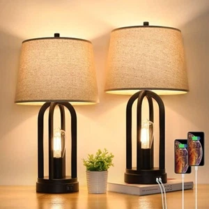 Touch Bedside Table Lamps with Rotary Switch with USB Charging Ports,Set of 2 - Picture 1 of 7