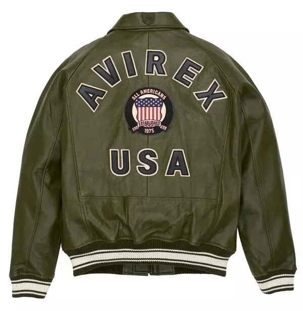 Chaqueta de cuero de vaca real Avirex Olive Icon Bomber para hombre Foto 1 de 4