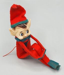 Vintage Knee Hugger Elf Pixie Christmas Rubber Face Red & Green Felt Hong Kong