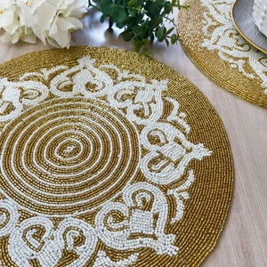 Set of 6, Handmade beaded placemat, Cream and Gold, table mat - Picture 1 of 6