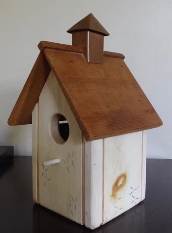 Handmade Vintage Folk Art Wood Bird House W/ Metal Cupola Cover