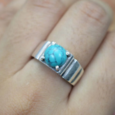 925 Solid Sterling Silver Blue Turquoise Round Shape Handmade Jewelry Ring