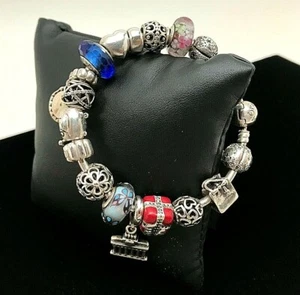 Pandora Sterling Bracelet with 18 Charms; heart, bag, present, plane, geometric - Picture 1 of 8