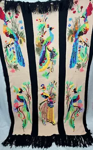 Manta hecha a mano vintage de pájaro pavo real afgana colorida flecos negra 6' - Imagen 1 de 8