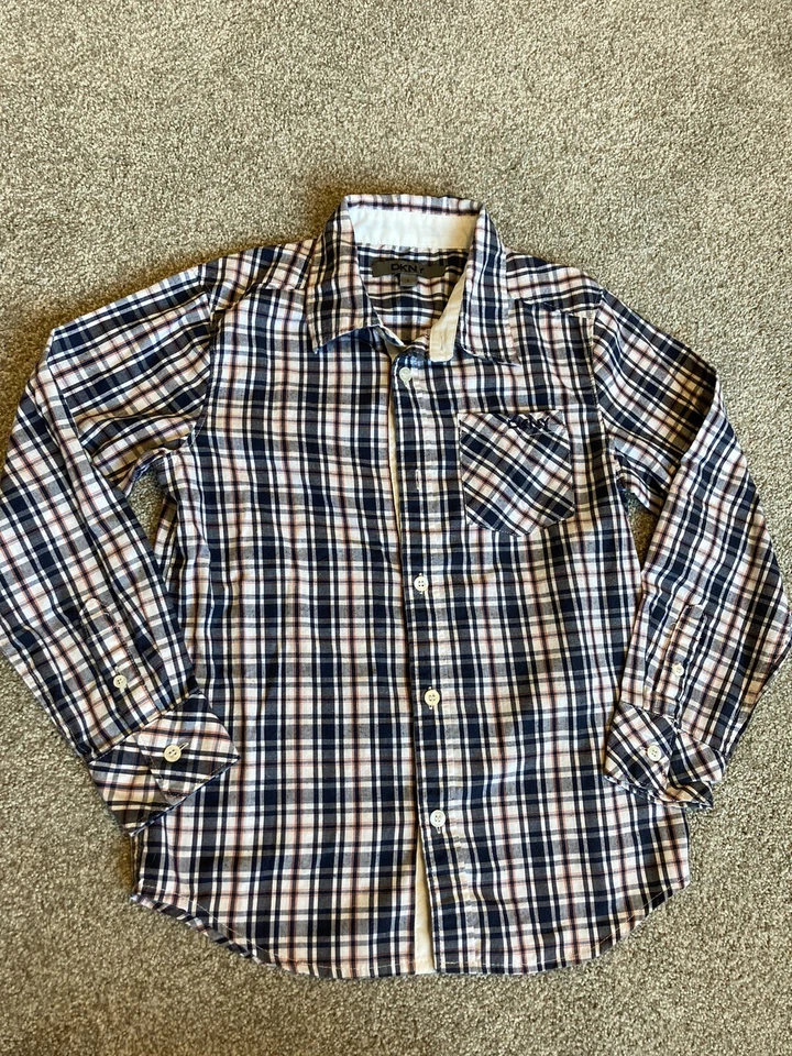 DKNY Boys' Blue Orange Long Sleeve Plaid Button Up Dress Shirt Size S 5-6 - Image 1 of 4