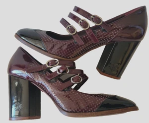 AUTH. CHANEL STRAPPY TRIPLE BUCKLE BURGUNDY PATENT LEATHER LOGO SHOES HEELS 38/8 - Picture 1 of 10