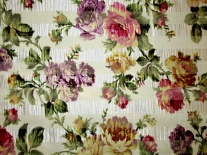 1 YD LG PINK YELLOW PURPLE ROSE ON IVORY TEXTURED POLY COTTON BLEND? FABRIC 54"W - Picture 1 of 2