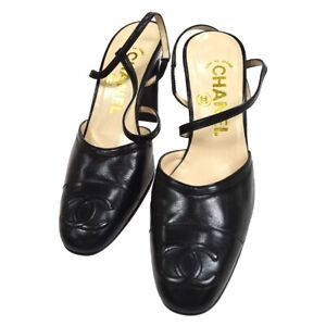 CHANEL CC Logos Ankle Strap Pumps Shoes Black #35 1/2 C AK31677g