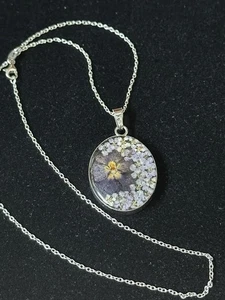 Vintage ATI Sterlingsilber getrocknete Blumen Herz Anhänger Halskette an 18" Kette - Bild 1 von 6