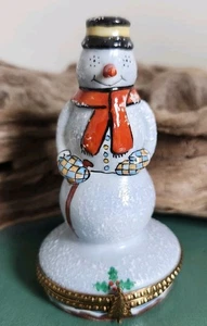 Limoges France Peint Scatola portagioie principale pupazzo di neve inverno  - Foto 1 di 12