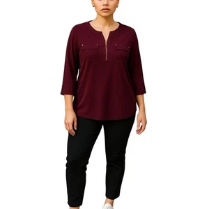 Blusa Ellen Tracy Borgoña Manga Larga Media Cremallera Bolsillos Frontales Grande - Imagen 1 de 11