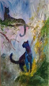 Quadro "Pantere". Olio su cartone. 8x12 inc. Fatto a mano. 2025. Senza cornice. - Foto 1 di 1