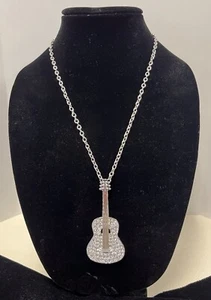 Silver Tone Rhinestone GUITAR Pendent Necklace 19” Chain NEW - Picture 1 of 4