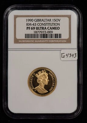 1990 Gibraltar Sovereign Gold Coin Proof - NGC PF 69 - .2355 AGW - G4343 - Imagem 1 de 4