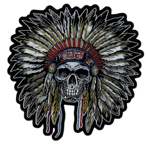 Indian Skull Chief Jacket vest back Patch - 10 X 10 Inch Iron on Sew on - Picture 1 of 1