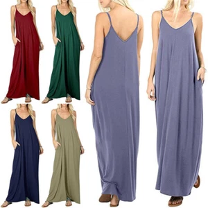 Womens Casual V-Neck Short Sleeve Loose Fit Long Maxi Dress With Pockets Fashion - Picture 1 of 20