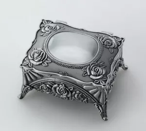 SILVER TIN ALLOY ROSES RECTANGLE MUSIC BOX : CLAIR DE LUNE DEBUSSY - Picture 1 of 6