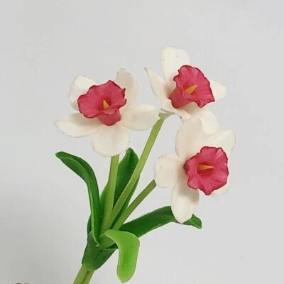 Pink White Flowers Daffodil Narcissus Handmade Clay Miniature Plant Garden Decor